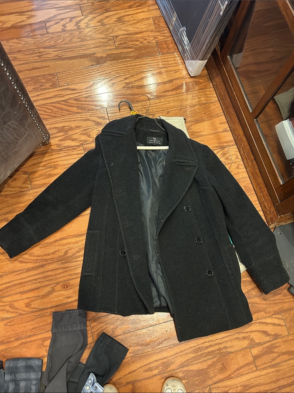 Gallery Black Double-Breasted Wool Peacoat
